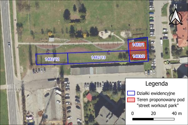 Mapa z terenem proponowanym pod park do kalisteniki (street workout park)