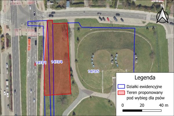 Mapa z terenem proponowanym pod wybieg dla psów