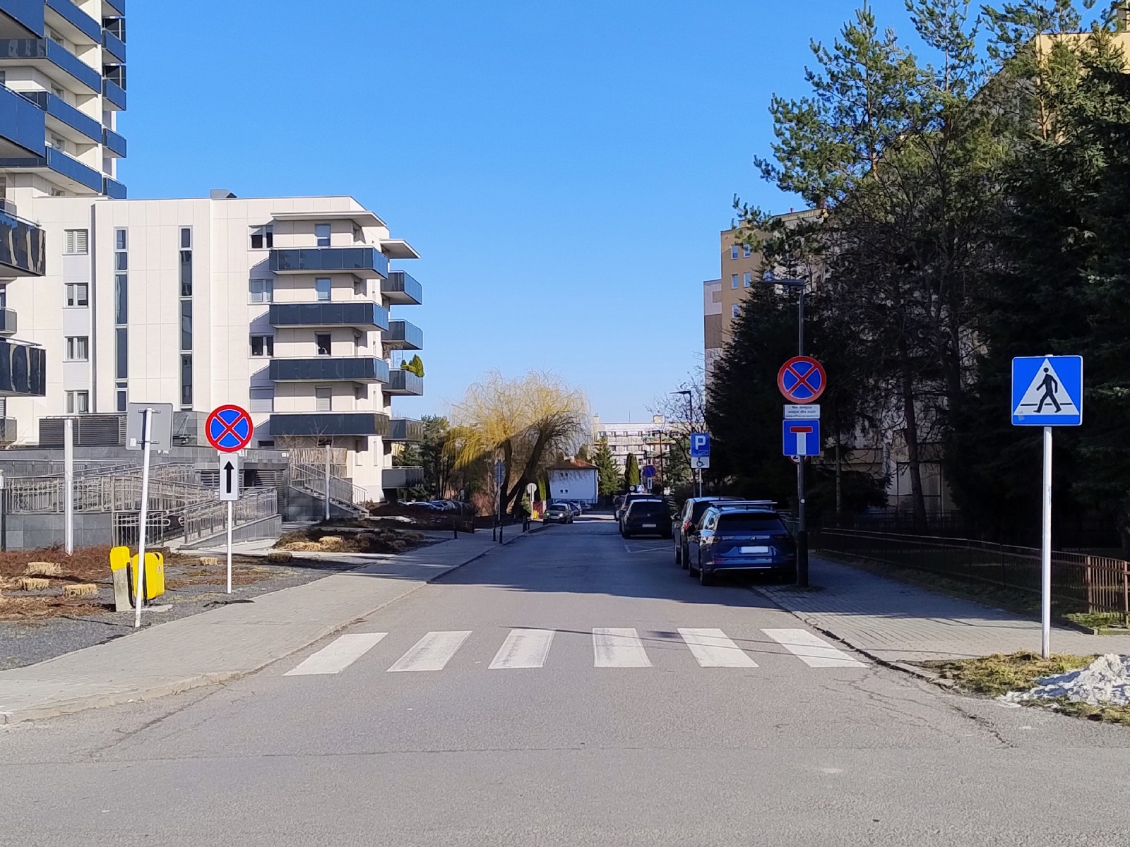 Zdjęcie przedstawiające znaki zakazu zatrzymywania wzdłuż ul. Małopolskiej.